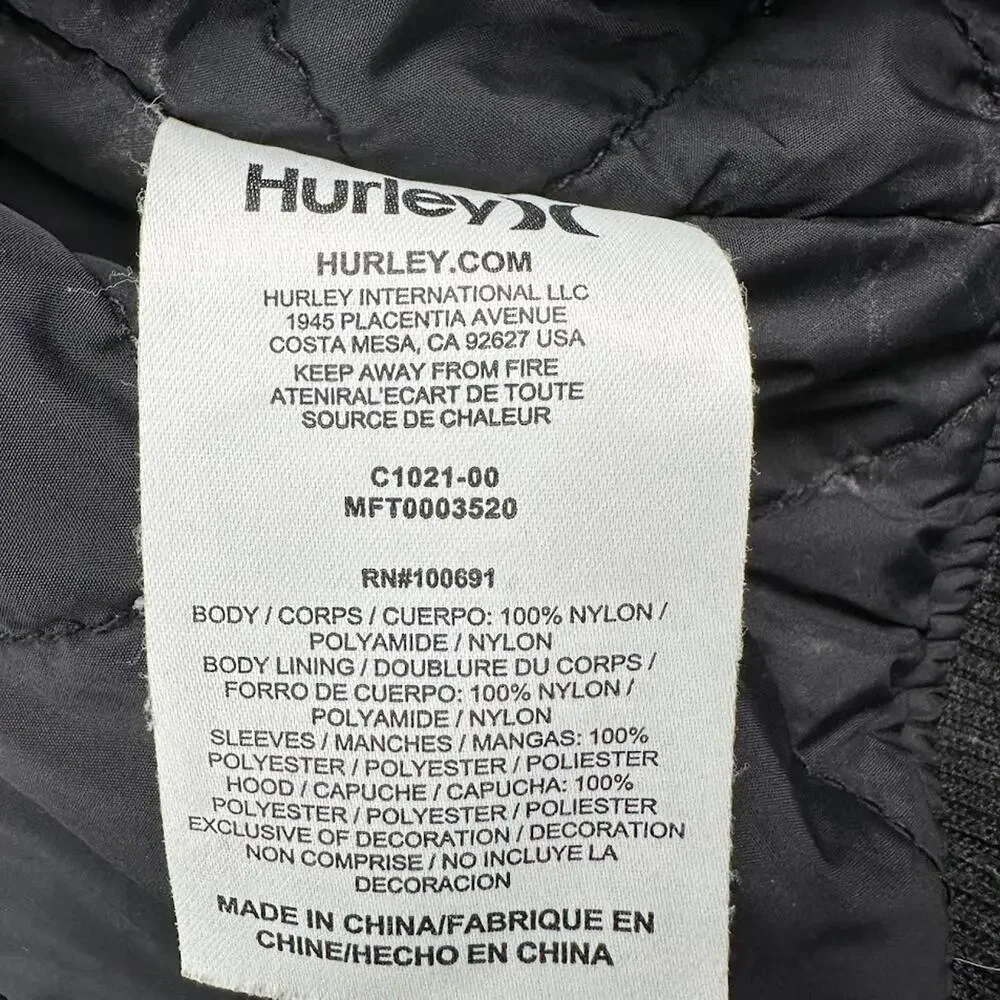 Hurley Coat Jacket Zip Up Hooded Black Men's‎ Large Varsity Button Warm Athletic